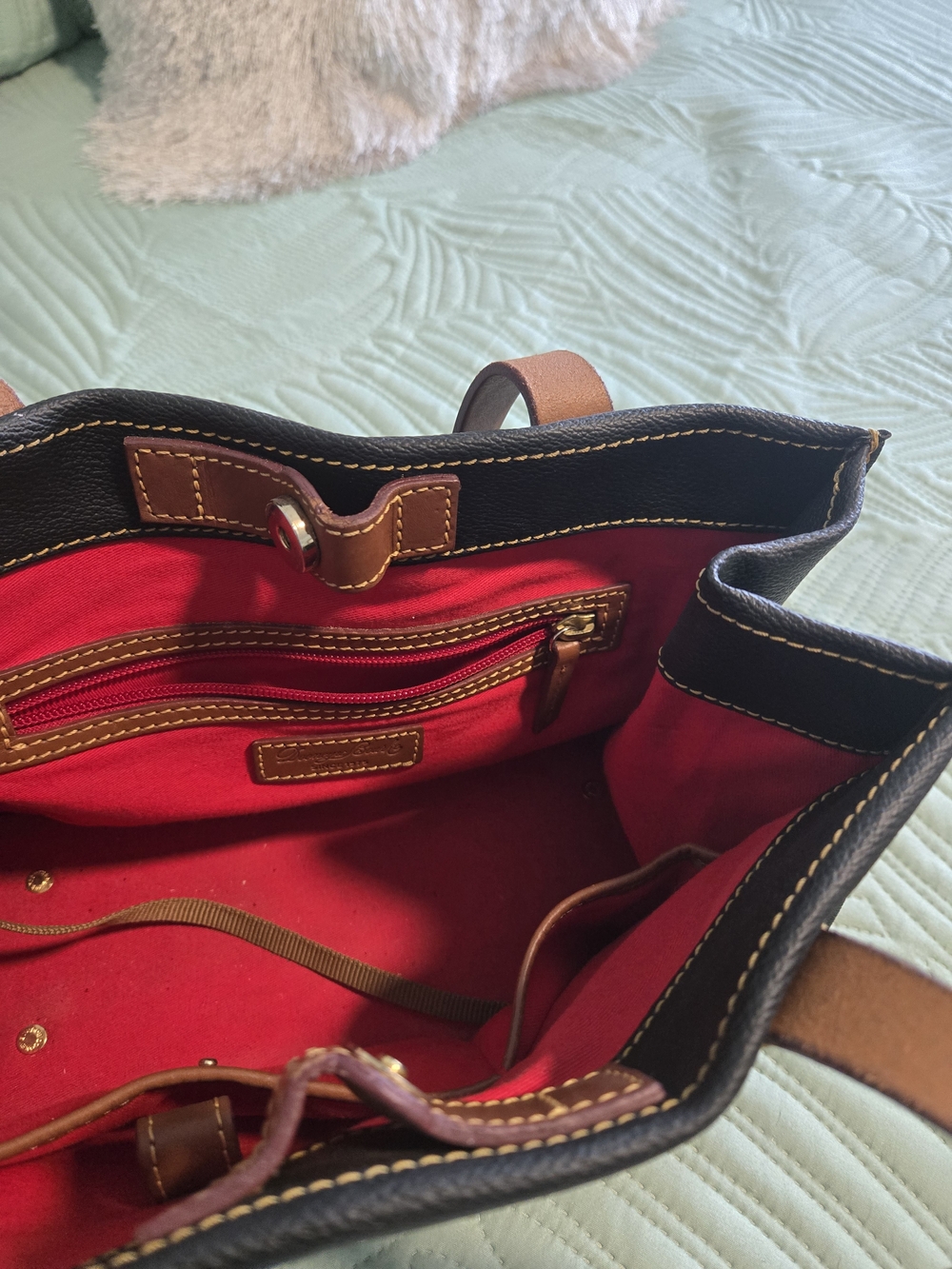 Dooney & Bourke Black Leather Tote with Brown Straps and Logo Plaque - Picture 2 of 4